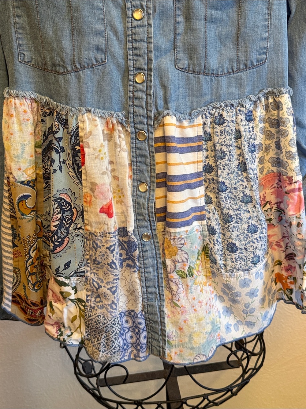 ๐๐๐BOGOHO๐๐๐John Mark Blue Denim Patchwork Button-Down Top-S - Picture 3 of 16
